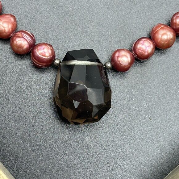 Smokey Quartz Boroque Red Fresh Water Pearl 925 Sterling Silver Necklace - Picture 3 of 13